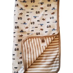 Carters Dog Gone Cute Baby Blanket Tan White Stripe Monkey Lion Car Security